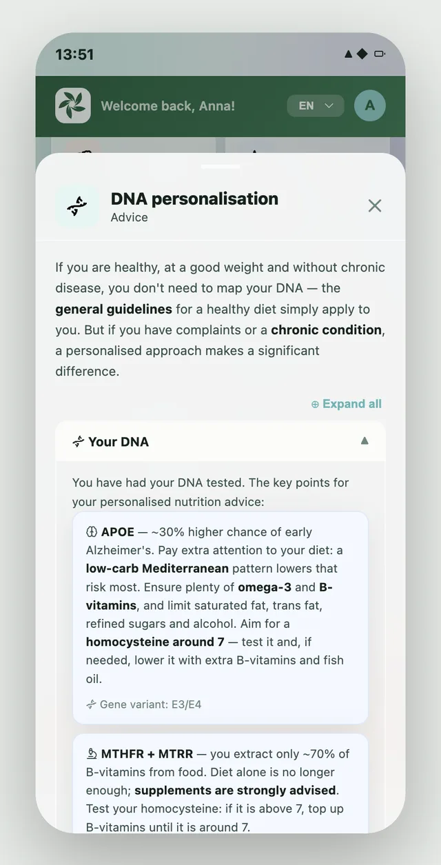 App screenshot: DNA personalisation