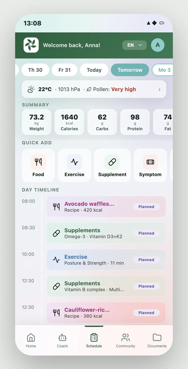 Screenshot of tomorrow's day planner in My Lifestyle Platform