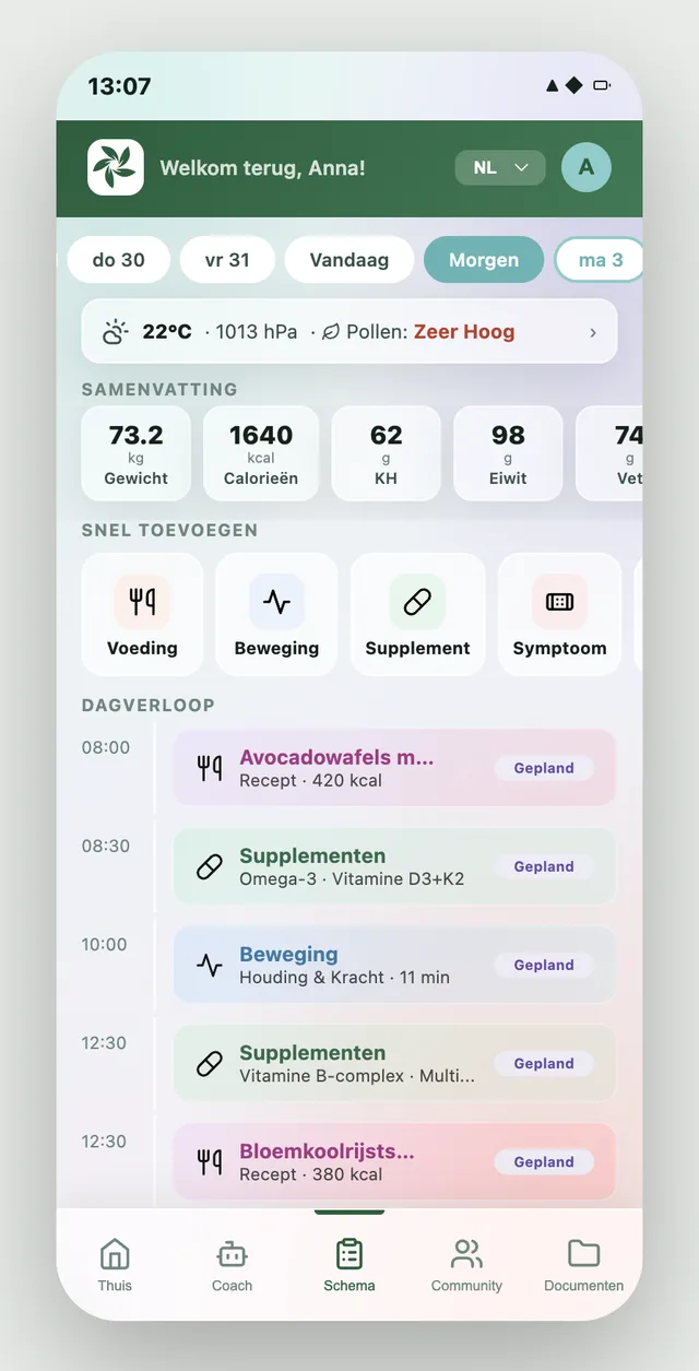 Schermafbeelding van de dagplanning voor morgen in My Lifestyle Platform